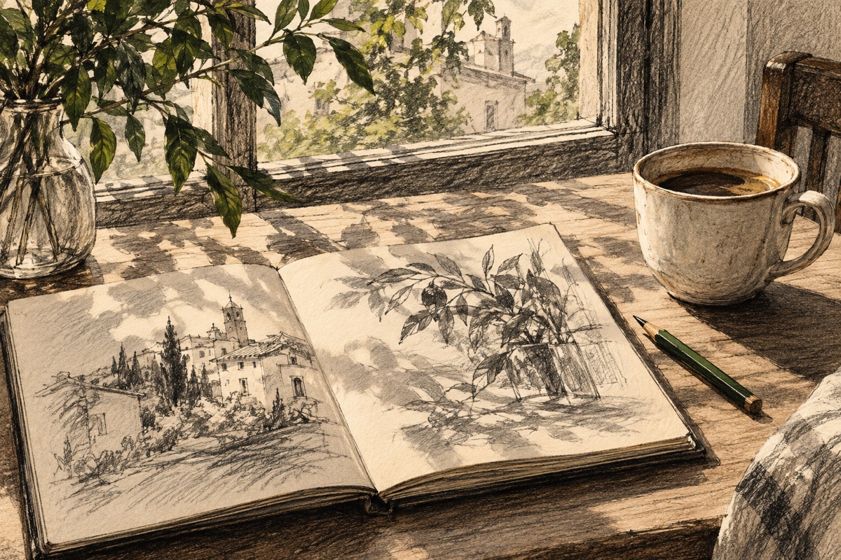 Generated charcoal drawing of an open sketchbook and ceramic cup beside a window