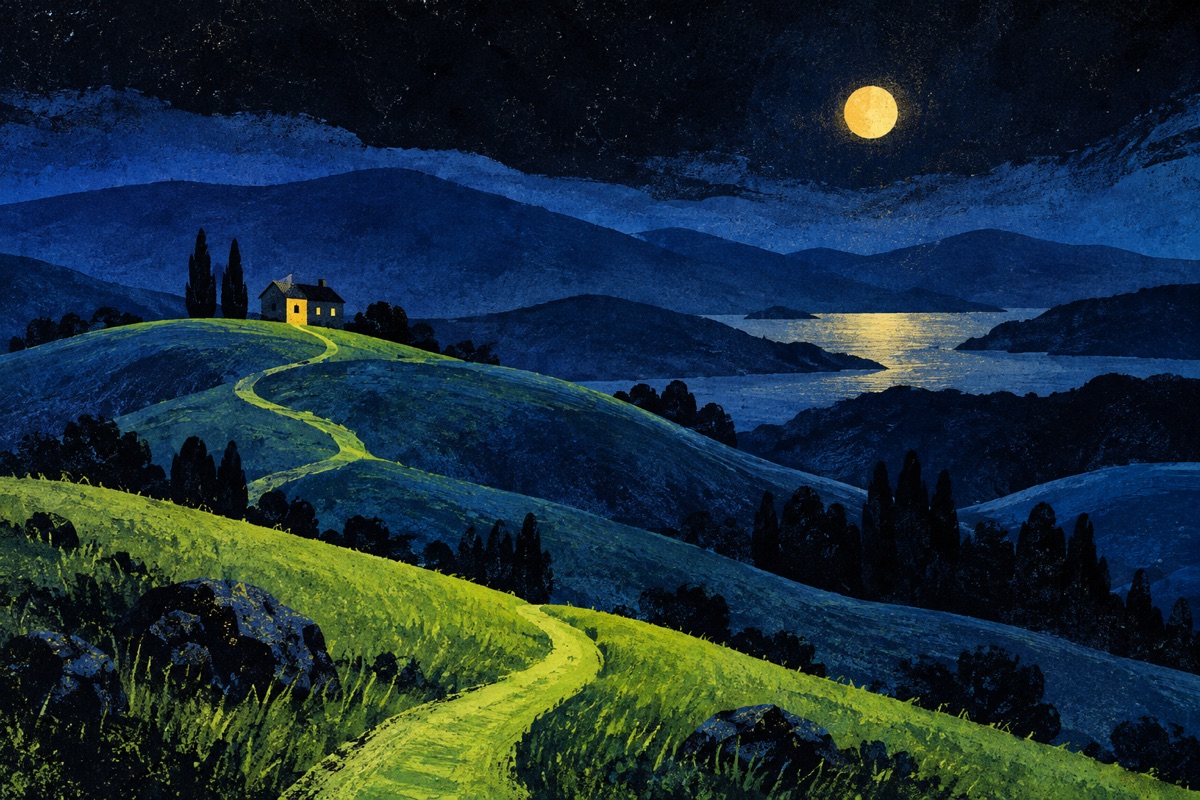 Generated gouache illustration of a moon over blue hills and a green path to a small house