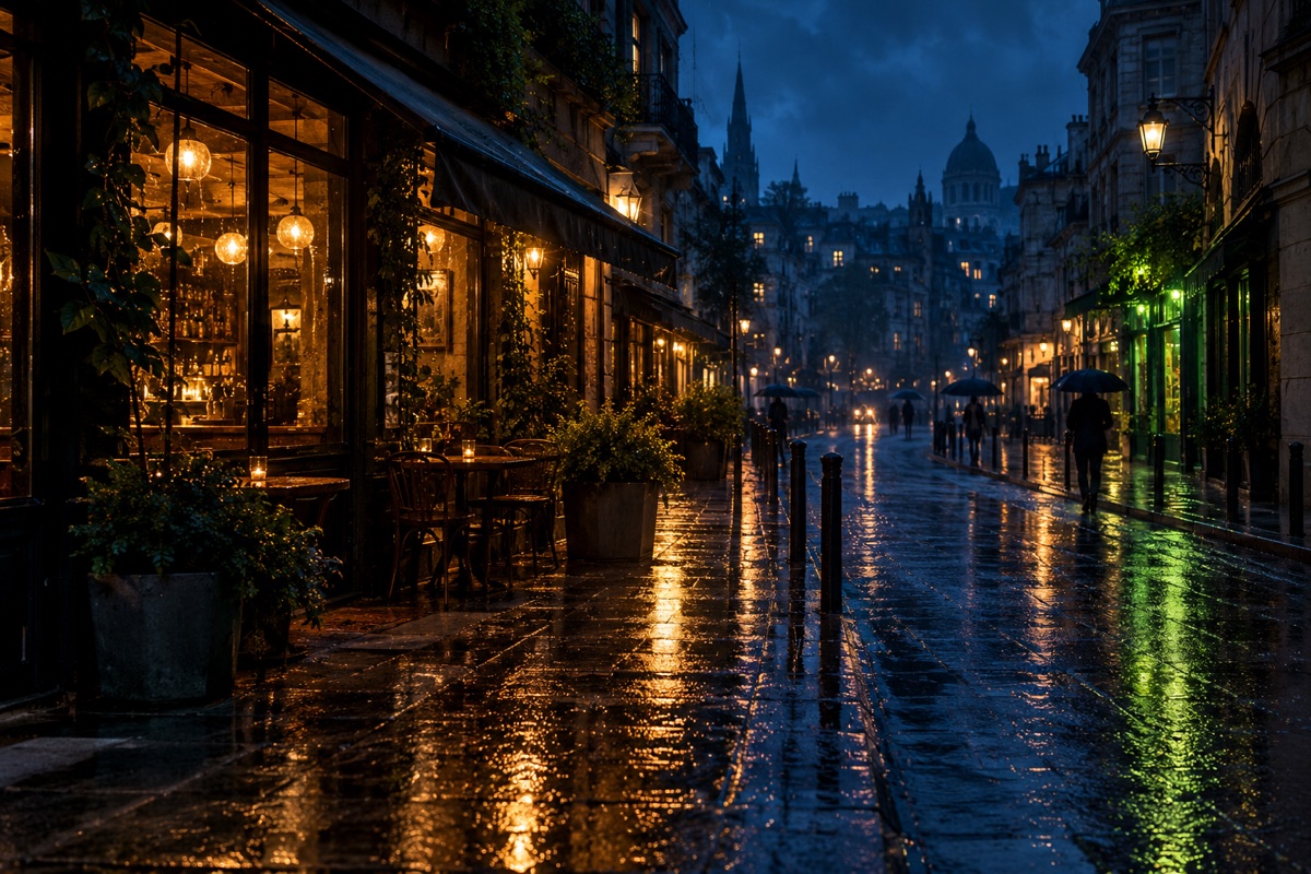 Generated imagined rainy street with warm café windows and blue evening reflections